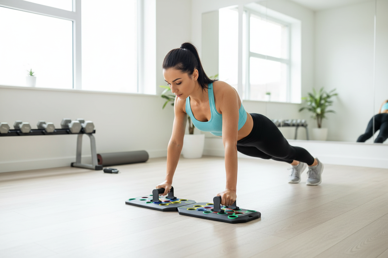Chica haciendo flexiones en tablero multifuncional
